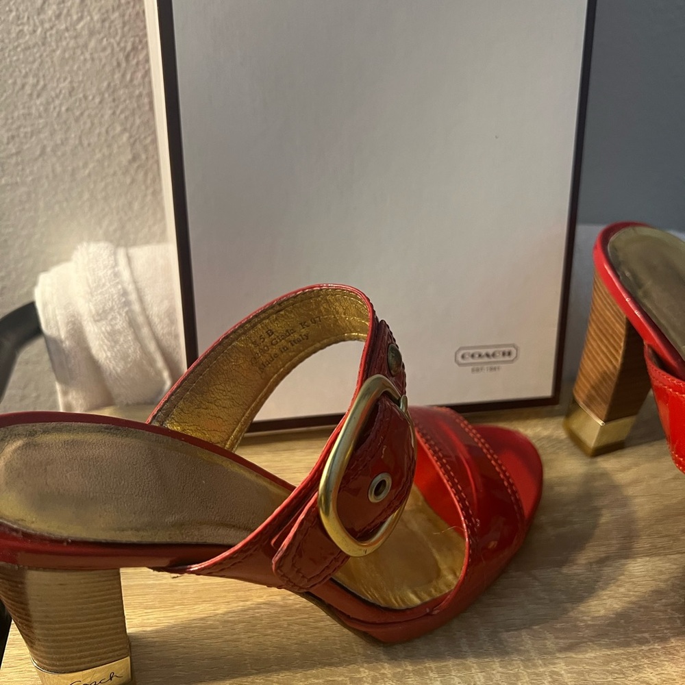 Coach Red Heeled Sandals with Gold Buckle